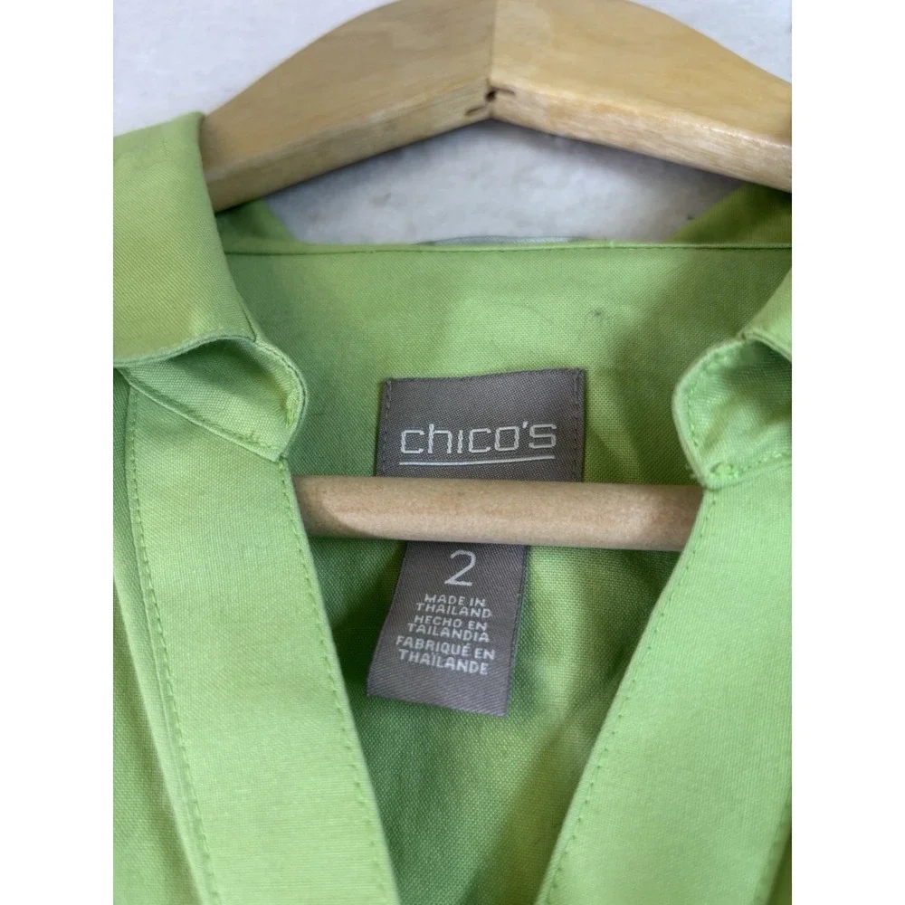 CHICO'S Button Up Blouse Top Size 2 /Large Apple Green Cotton 3/4 Sleeve